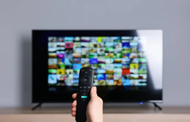 Hand with a remote browsing the best IPTV USA streaming service