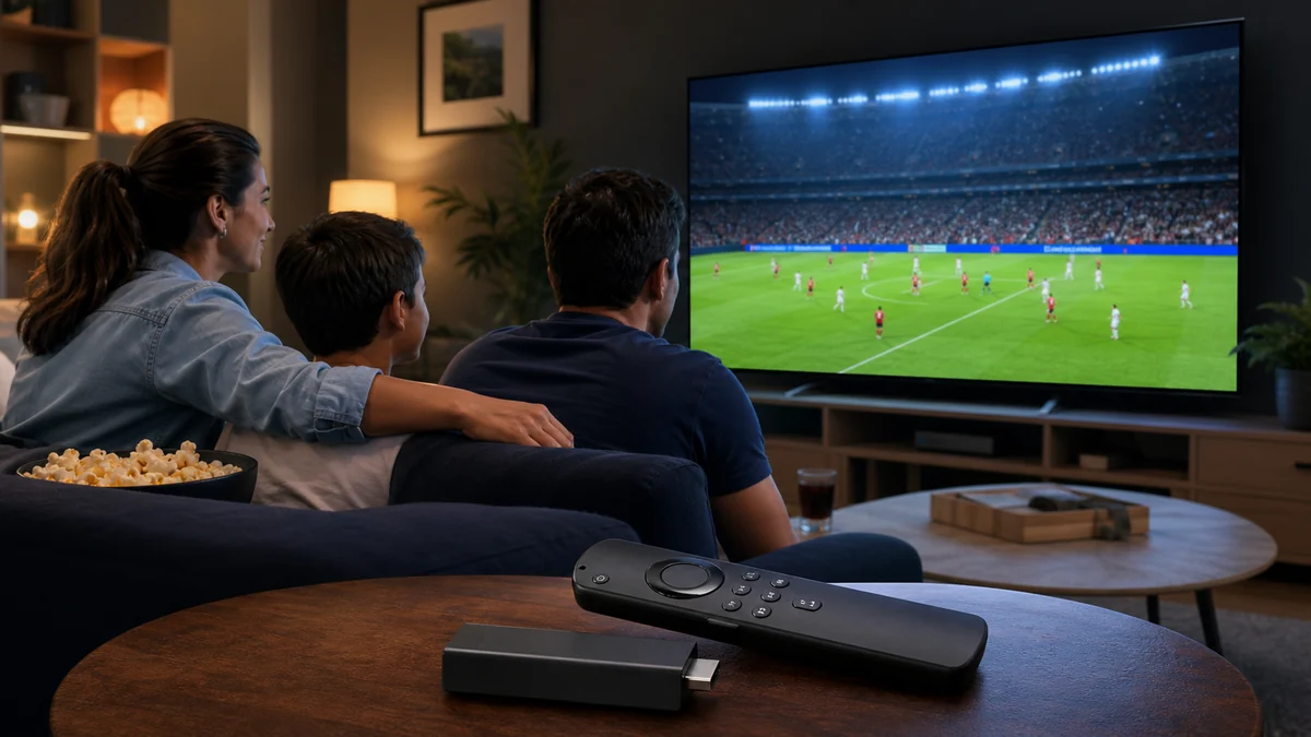 Family watching live sport using a Firestick with IPTV