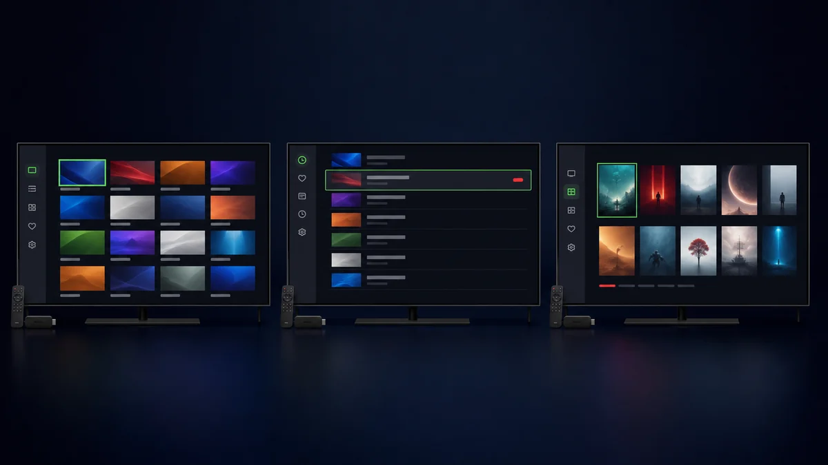Three generic IPTV player layouts displayed on television screens