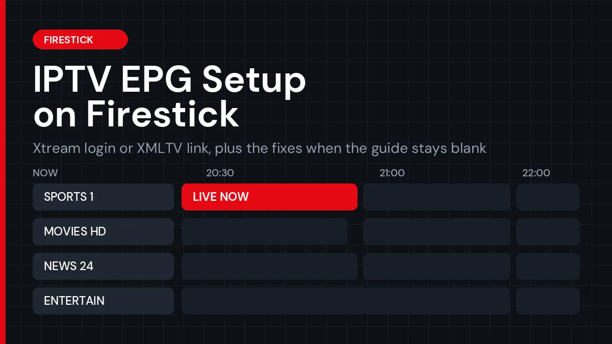IPTV EPG setup on Firestick showing a full TV guide grid on screen